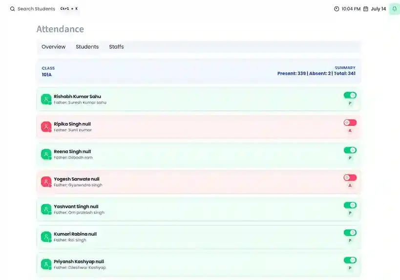 Student Attendance Dashboard showing real-time attendance tracking