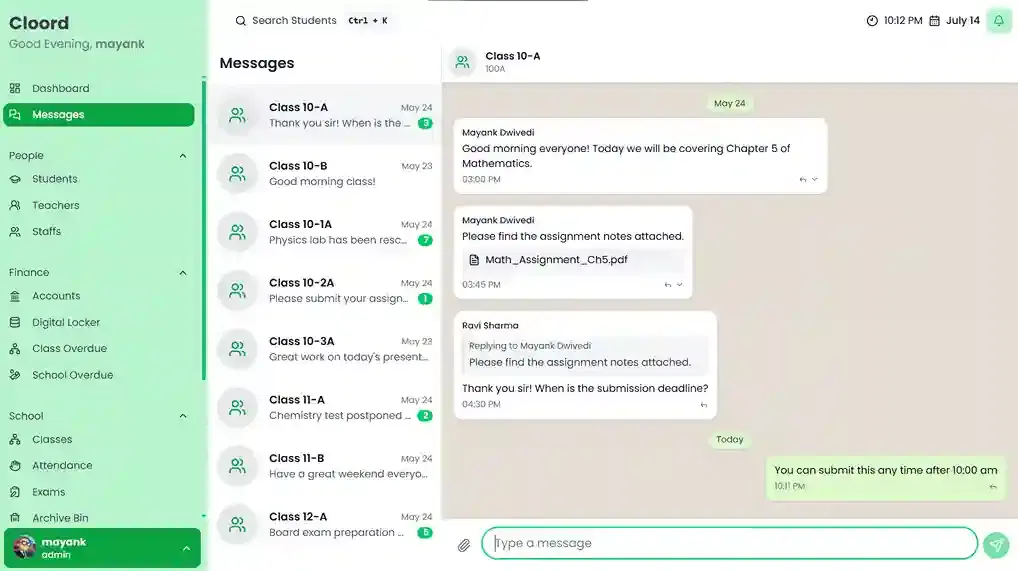 Messaging interface showing automated student group chat