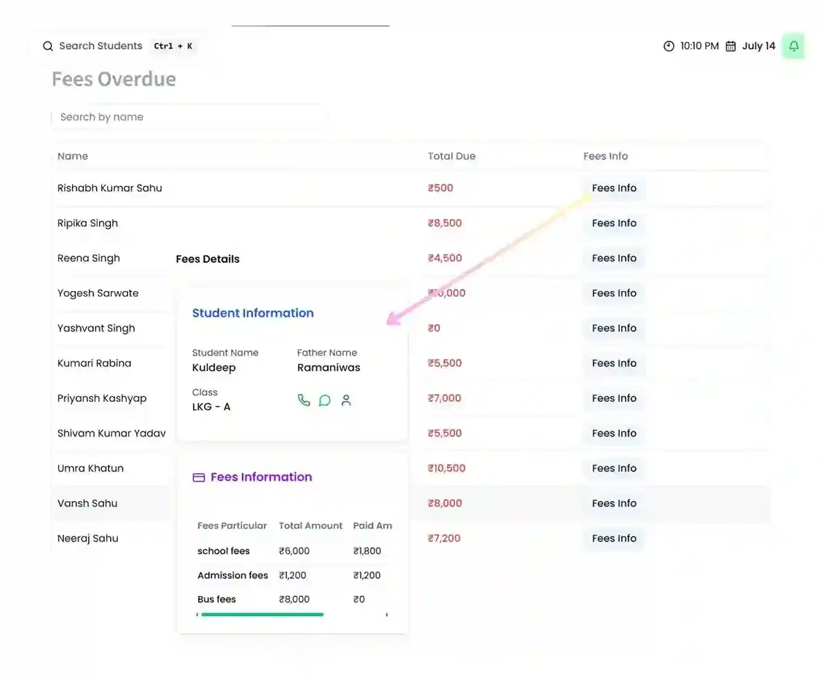 Dashboard showing pending fees and due notifications