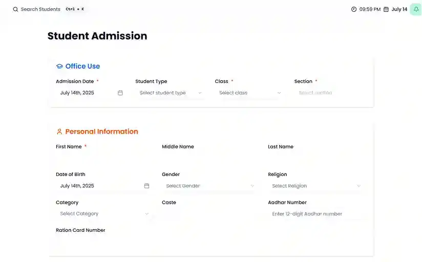 Online admission form and student dashboard preview